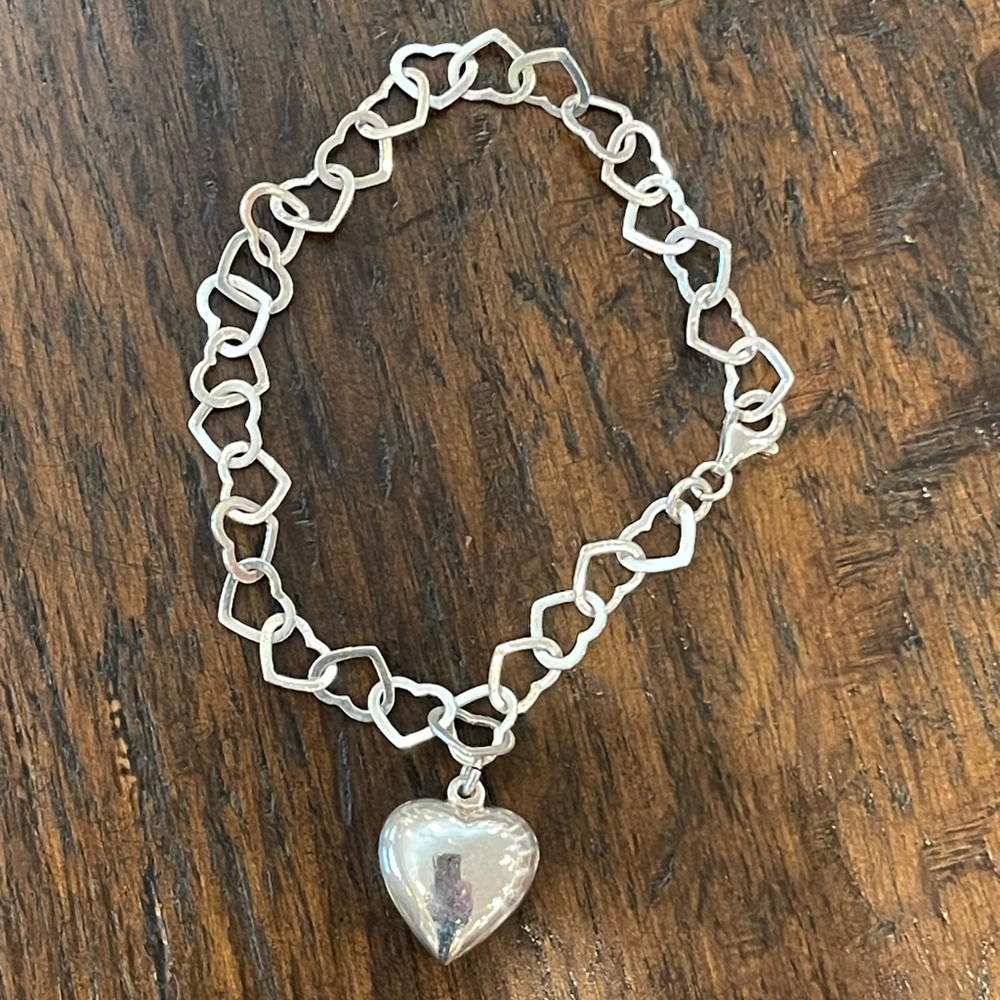 Sterling silver heart link bracelet with puffy heart charm